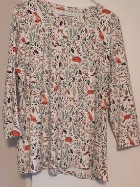 Kim Rogers Cream White Long Sleeve Top with Orange, Green and Pink Nature Print